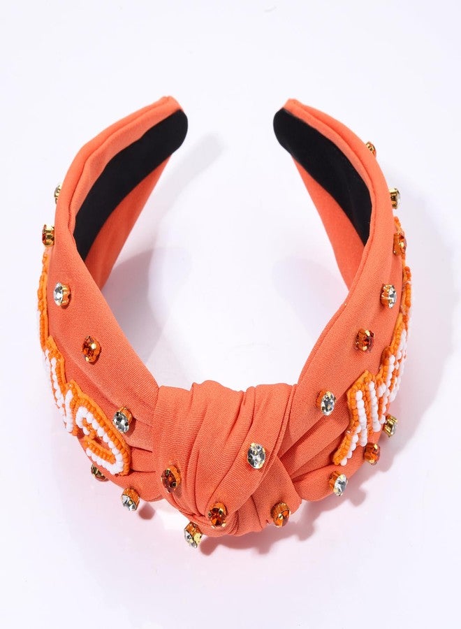 YAHPERN Game Day Headband, Crystal Pearl Knotted Jeweled Top Knot Headband for Women, Sports Baseball Football Hair Accessories (Orange, 1 Count) - Image 5